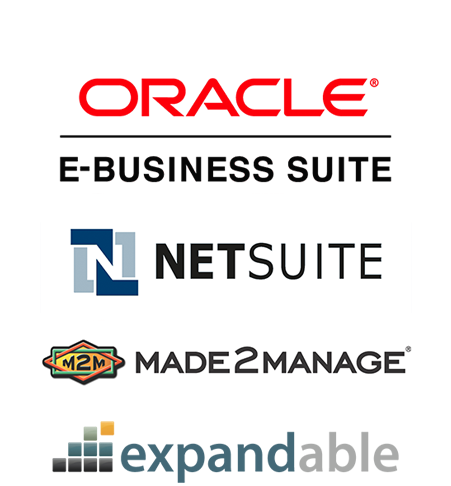 Leading ERP Solutions, including Oracle, NetSuite, Made2Manage, and Expandable
